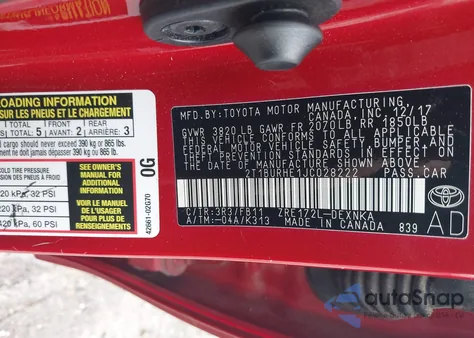 2018 Toyota Corolla Le из США, поврежденный, VIN 2T1BURHE1JC028222